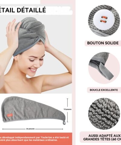 Serviette à cheveux en microfibre, séchage rapide pour cheveux mouillés, longs, bouclés, épais et crépus.