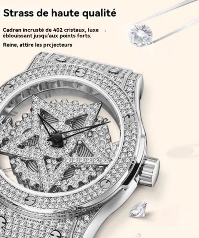 Montre de luxe à cadran rotatif sertie de diamants