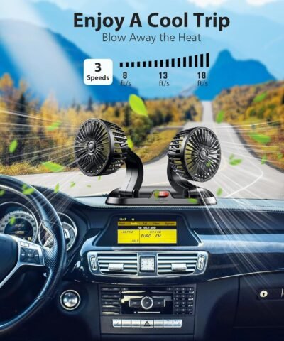 Ventilateur de voiture - Ventilateurs à double tête pour voiture 3 vitesses, rotation à 360°
