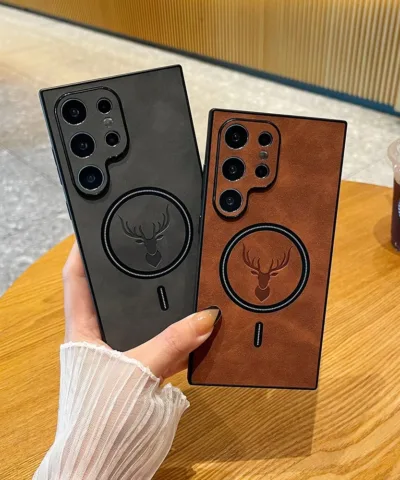 Étui de téléphone en cuir de luxe avec chargement sans fil magnétique pour Samsung